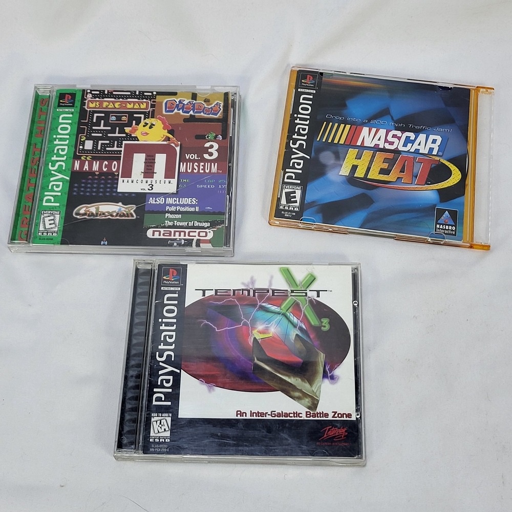 Sony PlayStation Tempest X3 NASCAR Heat Namco Museum Vol 3 PS1 Game Lot Bundle